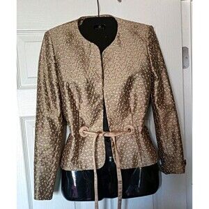 Nipon Boutique Women's Satin Blazer Jacket Sz 4 Embroidered Belted Green Gold